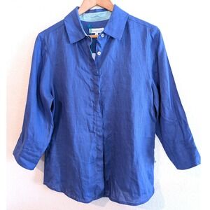 Perlavera Lexy Linen Button Down Shirt Blue 3/4 Sleeve Womens Medium NEW